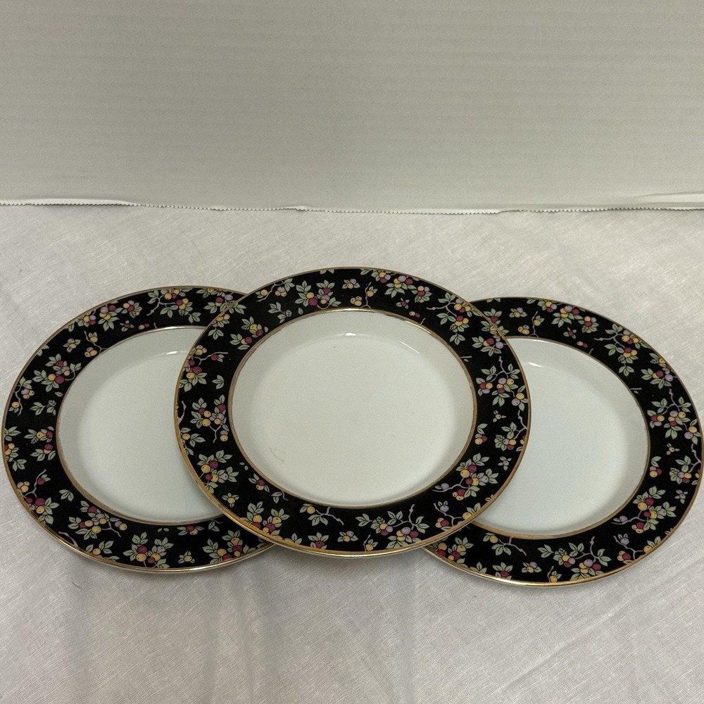 Keito Fine China - Japan. Set Of 3 Plates. 6.25" Width. White Black Trim Fruit